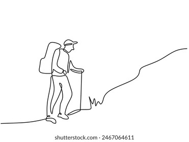 Continuous one line drawing solo hiker using stick when hike up mountain. Mountain climbers in one continuous single line art drawing style. Backpacker ascending mountain.