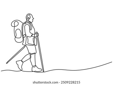 Continuous one line drawing of a solo hiker using a stick while hiking up a mountain. Represents mountain climbing and backpacking in a minimalist vector style.