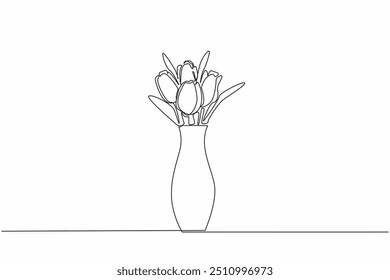 Continuous one line drawing some tulips in a vase. Real flower decoration. Sends a fresh scent throughout the room. Plant display. National Flower Day. Single line draw design vector illustration