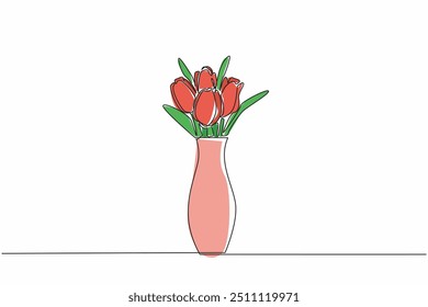 Continuous one line drawing some tulips in a vase. Real flower decoration. Sends a fresh scent throughout the room. Plant display. National Flower Day. Single line draw design vector illustration