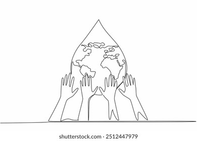 Continuous one line drawing some hands holding water drop. Must continue to maintain the purity of water. Cooperate with each other. Save. World Water Day. Single line draw design vector illustration