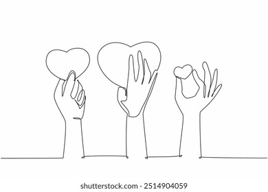 Continua una línea dibujando algunas manos sosteniendo el símbolo del corazón. Recibe algunos cumplidos. Socializa bien. Símbolo de interés. Elogios. Día Nacional de los Guionistas. Ilustración vectorial de diseño de dibujo de línea única