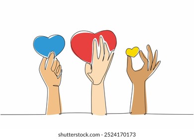 Continua una línea dibujando algunas manos sosteniendo el símbolo del corazón. Recibe algunos cumplidos. Socializa bien. Símbolo de interés. Elogios. Día Nacional de los Guionistas. Ilustración vectorial de diseño de dibujo de línea única