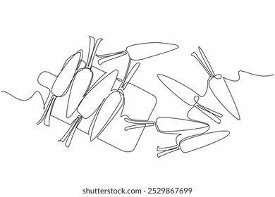 Continuous one line drawing some carrots scattered near the cutting board. Foods that can fight growth of cancer cells. Health. International Carrot Day. Single line draw design vector illustration