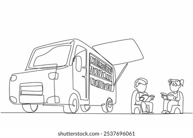 Continuous one line drawing some little children sitting reading books near the bookmobile. Channeling the hobby of reading. Focus. National Bookmobile Day. Single line draw design vector illustration