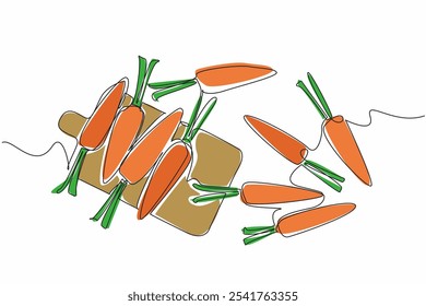 Continua una línea dibujando algunas zanahorias esparcidas cerca de la tabla de cortar. Alimentos que pueden combatir el crecimiento de las células cancerosas. Salud. Día Internacional de la Zanahoria. Ilustración vectorial de diseño de dibujo de línea única