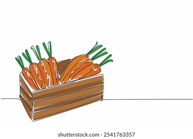 Continua una línea dibujando unas zanahorias en una caja de madera. Distribuye la bondad como fuente de vitaminas. Dulce. Mineral. Saludable. Día Internacional de la Zanahoria. Ilustración vectorial de diseño de dibujo de línea única