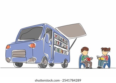 Continuous one line drawing some little children sitting reading books near the bookmobile. Channeling the hobby of reading. Focus. National Bookmobile Day. Single line draw design vector illustration