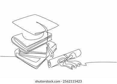 Continuous one line drawing some books stacked and on top of them is a graduation hat. Graduation symbol. Learning intelligence. National Dissertation Day. Single line draw design vector illustration