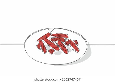 Continuous one line drawing some red licorice candy sticks cut into short pieces on a plate. Ready-to-eat sweet snack. Healthy. National Licorice Day. Single line draw design vector illustration