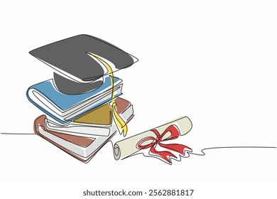 Continuous one line drawing some books stacked and on top of them is a graduation hat. Graduation symbol. Learning intelligence. National Dissertation Day. Single line draw design vector illustration