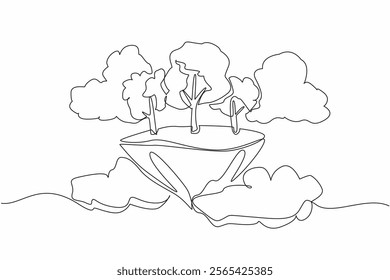Continuous one line drawing some trees on floating pieces of land. Like in a fairy tale. A beautiful place surrounded by bright clouds. Eco. Day of Trees. Single line draw design vector illustration