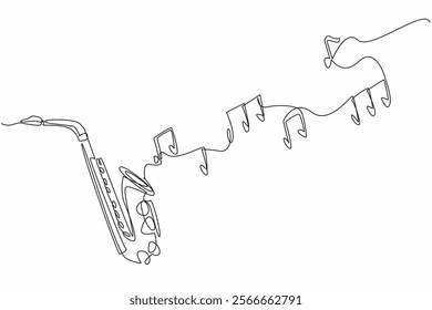 Continuous one line drawing some scales out of the saxophone. Soft rhythm. Soothing melody. Breathtaking performance. Instrument. International Jazz Day. Single line draw design vector illustration