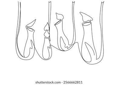 Continuous one line drawing some nepenthes hanging. Plants that produce acidic fluids to digest insects. The pitcher plants. World Carnivorous Plant Day. Single line draw design vector illustration