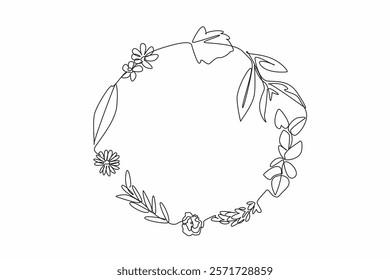 Continuous one line drawing some leaves and flowers in circle. Herbal medicine for health. Contains no chemicals. Fresher and healthier. National Herb Day. Single line draw design vector illustration