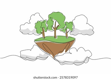 Continuous one line drawing some trees on floating pieces of land. Like in a fairy tale. A beautiful place surrounded by bright clouds. Eco. Day of Trees. Single line draw design vector illustration