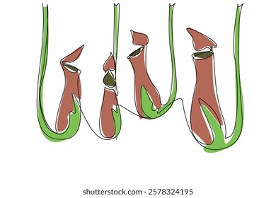 Continuous one line drawing some nepenthes hanging. Plants that produce acidic fluids to digest insects. The pitcher plants. World Carnivorous Plant Day. Single line draw design vector illustration