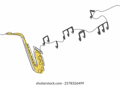 Continuous one line drawing some scales out of the saxophone. Soft rhythm. Soothing melody. Breathtaking performance. Instrument. International Jazz Day. Single line draw design vector illustration