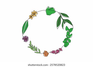 Continuous one line drawing some leaves and flowers in circle. Herbal medicine for health. Contains no chemicals. Fresher and healthier. National Herb Day. Single line draw design vector illustration