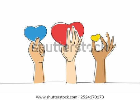 Continuous one line drawing some hands holding heart symbol. Get some compliments. Socialize well. Symbol of interest. Praise. National Screenwriters Day. Single line draw design vector illustration