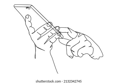 Continuous one line drawing of someone hand touching the smart phone screen. Hand drawn style line drawing for technology and business model and concept.