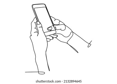 Continuous one line drawing of someone hand touching the smart phone screen. Hand drawn style line drawing for technology and business model and concept.