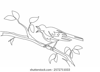 Continuous one line drawing song thrush perched on a tree branch with leaves. The morning sun warms. The melodious chirping. International Dawn Chorus Day. Single line draw design vector illustration