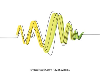 Ondas de sonido continuas de dibujo de una línea. Reproductor de audio. Tecnología de ecualizador de audio, musical de pulso. Frecuencia de audio musical, forma de onda de línea de voz. señal de radio. Gráfico vectorial de diseño de trazos de línea única