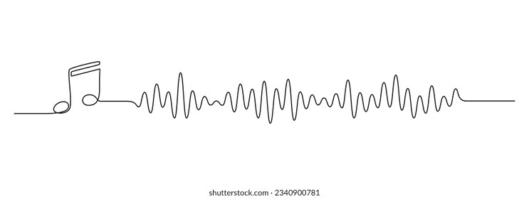 Continuous one line drawing of sound wave with music note. Audio soundtrack and recording voice message in simple linear style. Editable stroke. Doodle vector illustration