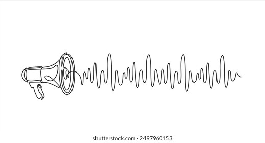 Dibujo continuo de una línea de onda de sonido y altavoz de bocina pública, mensaje de voz, podcast.