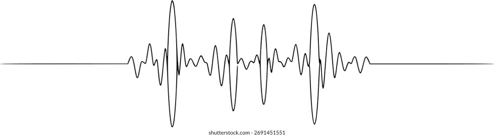 Desenho contínuo de uma linha de onda sonora com amplitude diferente. Soundwave em estilo linear simples para música de banner, webinar, treinamento online. Traçado editável. Ilustração de vetor de rabiscar	

