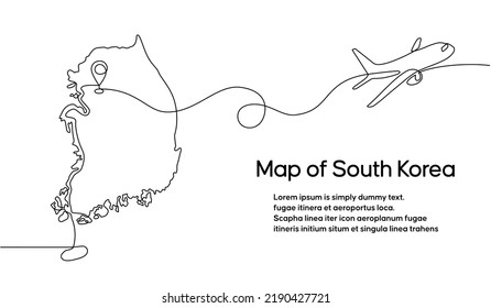 Continuous one line drawing South Korea domestic aircraft flight routes  South Korea map icon   airplane path airplane flight route and starting point location   single line trail in doodle