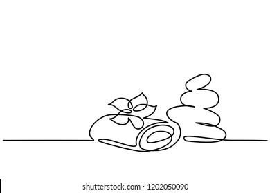 Continuous One Line Drawing. Spa Cosmetic Beautiful Flower With Towel And Zen Basalt Stones. Vector Illustration