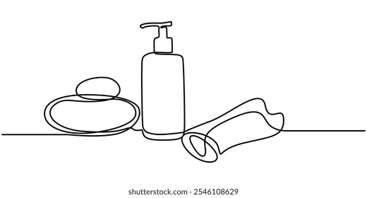 Continuous one line drawing. Spa cosmetic beautiful flower with towel, bottle and zen basalt stones. Vector illustration, This illustration shows a beautiful flower with a towel, bottle, and zen.