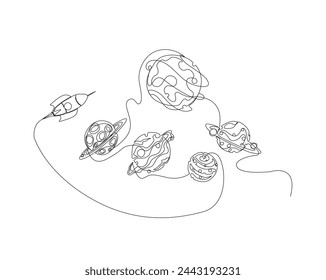Continuous one line drawing of spaceship and outer space planet . Rocket spaceship with planets in simple outline illustration. Editable stroke.