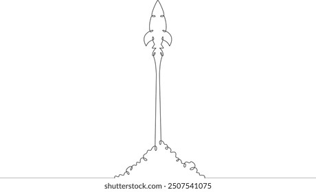 Continuous one line drawing spaceship takeoff. Rocket launch. Space. One continuous line isolated minimal illustration.