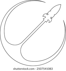 Una línea continua dibujando una nave espacial volando alrededor del planeta. Lanzamiento de cohete. Logotipo de espacio. Una línea continua aislada ilustración mínima.
