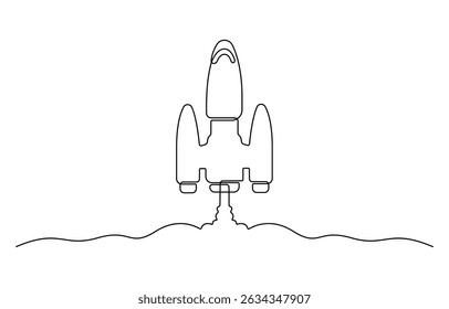 Continuous one line drawing of spaceship, hand drawn symbol vector illustration, one line drawing flying rocket spaceship vector illustration template design.