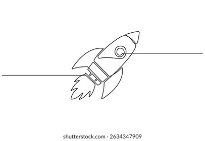 Continuous one line drawing of spaceship, hand drawn symbol vector illustration, one line drawing flying rocket spaceship vector illustration template design.