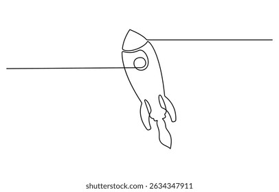 Continuous one line drawing of spaceship, hand drawn symbol vector illustration, one line drawing flying rocket spaceship vector illustration template design.