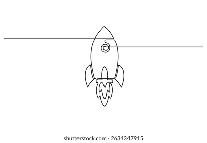 Continuous one line drawing of spaceship, hand drawn symbol vector illustration, one line drawing flying rocket spaceship vector illustration template design.