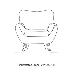 Continuous one line drawing of spacious modern chair sofa furniture. Stylish sofa furniture Hand drawn vector illustration. 