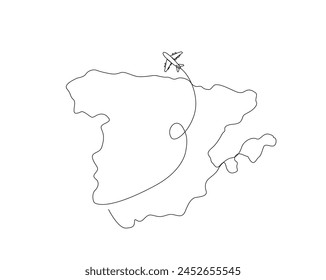 Continuous one line drawing of Spain map with airplane. Spain map combined with airplane simple outline vector illustration. Editable stroke.