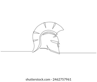 Continuous one line drawing of Sparta helmet. One line drawing illustration spartan helmet of roman warrior. Ancient greek warrior concept continuous line art. Editable outline.
