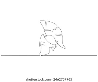 Continuous one line drawing of Sparta helmet. One line drawing illustration spartan helmet of roman warrior. Ancient greek warrior concept continuous line art. Editable outline.
