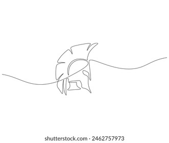 Continuous one line drawing of Sparta helmet. One line drawing illustration spartan helmet of roman warrior. Ancient greek warrior concept continuous line art. Editable outline.
