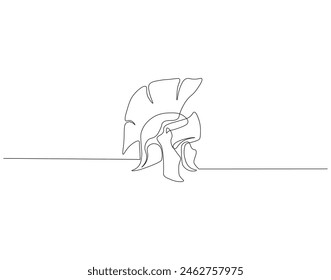 Continuous one line drawing of Sparta helmet. One line drawing illustration spartan helmet of roman warrior. Ancient greek warrior concept continuous line art. Editable outline.
