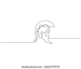 Continuous one line drawing of Sparta helmet. One line drawing illustration spartan helmet of roman warrior. Ancient greek warrior concept continuous line art. Editable outline.
