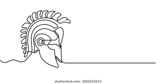 Continuous one line drawing of spartan helmet. Medieval, Roman, traditional, protection concept. Editable stroke vector, One line drawing of warrior helmet. One continuous line drawing.