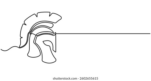 Continuous one line drawing of spartan helmet. Medieval, Roman, traditional, protection concept. Editable stroke vector, One line drawing of warrior helmet. One continuous line drawing.